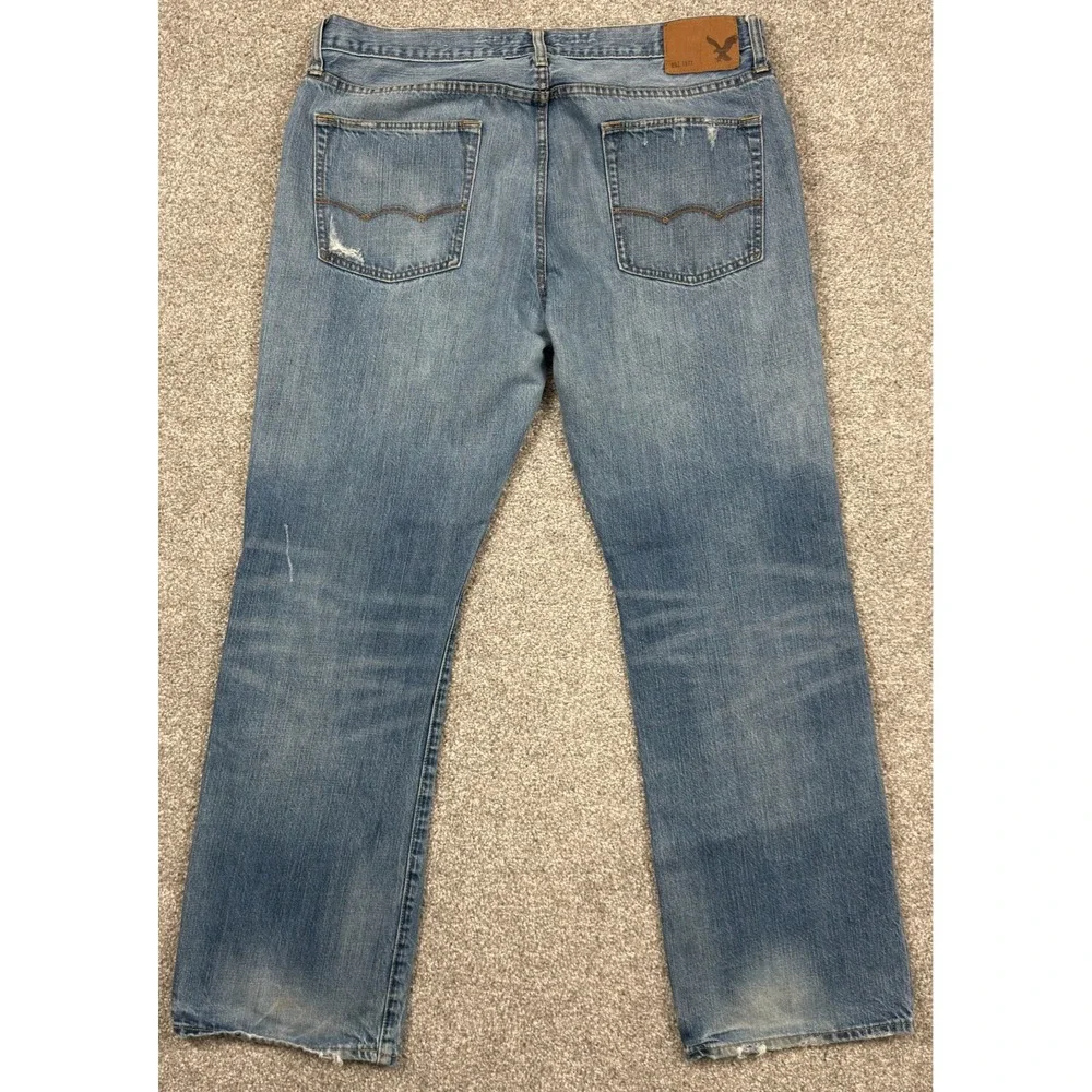 American Eagle Original Boot Jeans Mens 36x32 Blue Distressed Faded Bootcut
